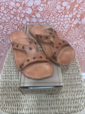 BED|STU Cognac PATH Leather Eyelet Slide Sandals